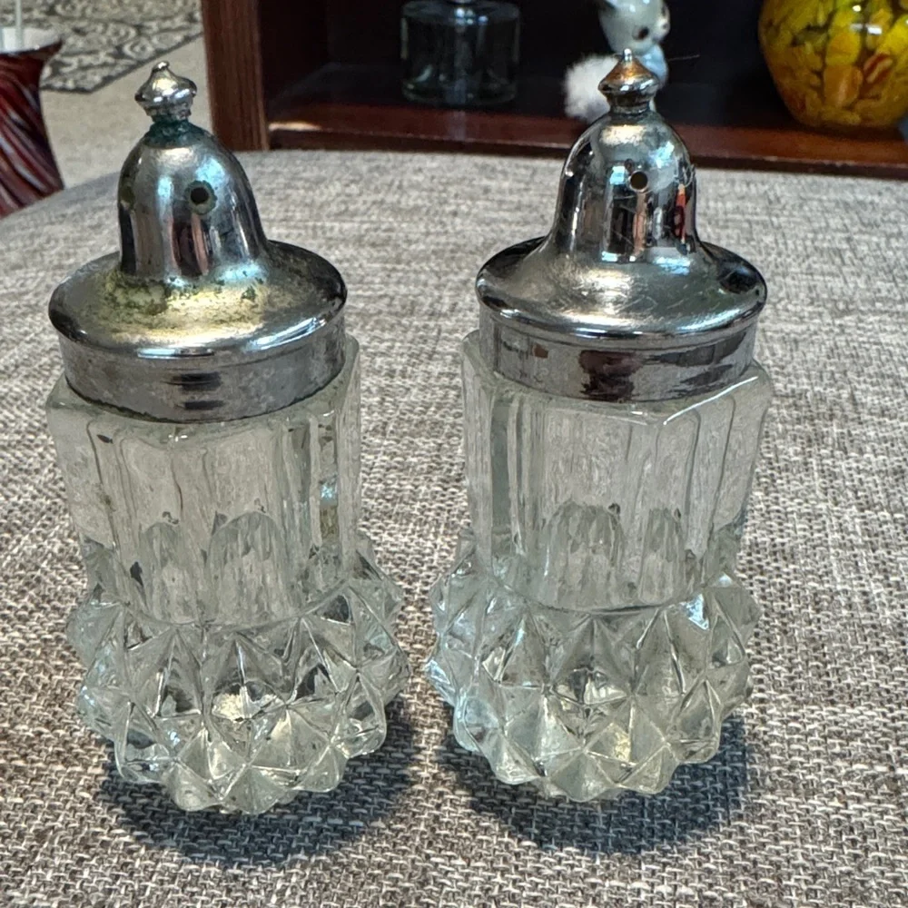 Vintage Glass Salt and Pepper Shakers with Silver Tops